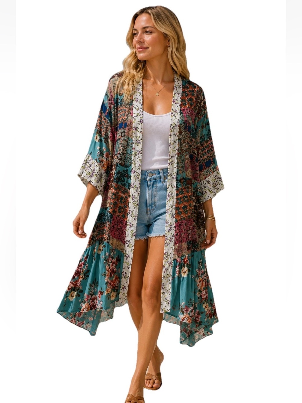 Umgee M Floral Patchwork Open Lightweight Cardigan Boho Layer Paisley Colorful